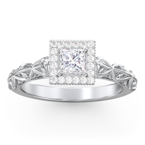 Diamond Halo Engagement Ring with Leaf and Vine Details - "The Ava" – 10K White Gold with Lab Diamond