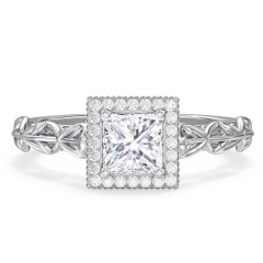 Diamond Halo Engagement Ring with Leaf and Vine Details - "The Ava"