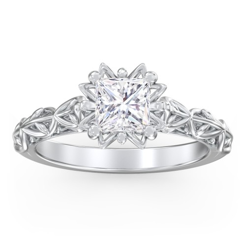 Solitaire Diamond Engagement Ring with Leaf and Vine Details - "The Ava" – 10K White Gold