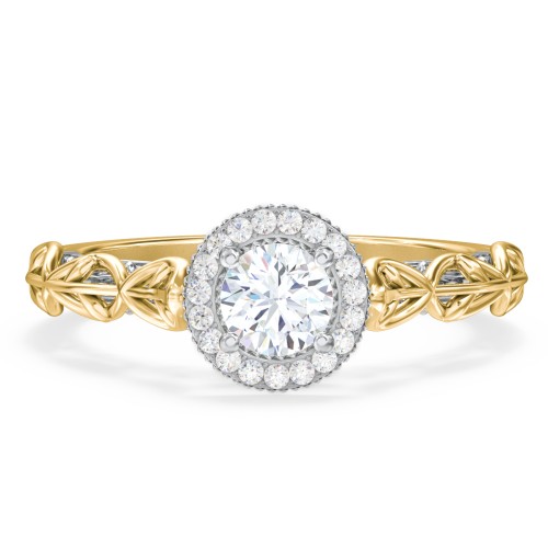 Diamond Halo Engagement Ring with Leaf and Vine Details - "The Ava" – 10K Yellow Gold with Lab Diamond