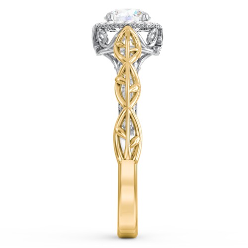 Diamond Halo Engagement Ring with Leaf and Vine Details - "The Ava" – 10K Yellow Gold with Lab Diamond
