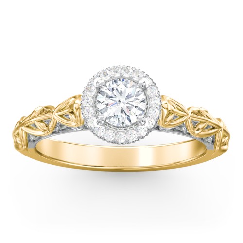 Diamond Halo Engagement Ring with Leaf and Vine Details - "The Ava" – 10K Yellow Gold with Lab Diamond