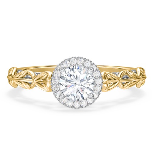 Diamond Halo Engagement Ring with Leaf and Vine Details - "The Ava" – 10K Yellow Gold with Lab Diamond