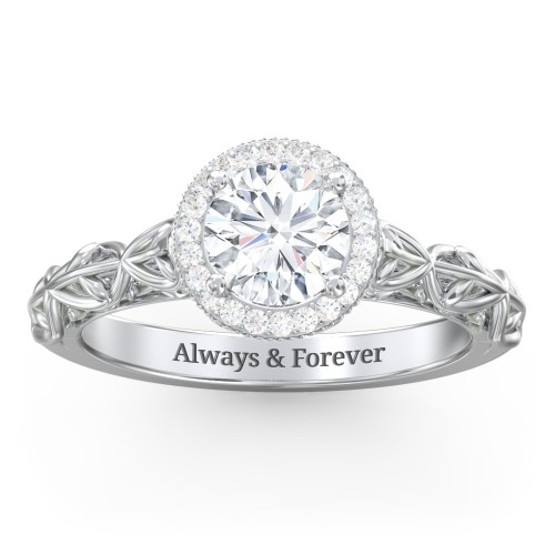Diamond Halo Engagement Ring with Leaf and Vine Details - "The Ava"