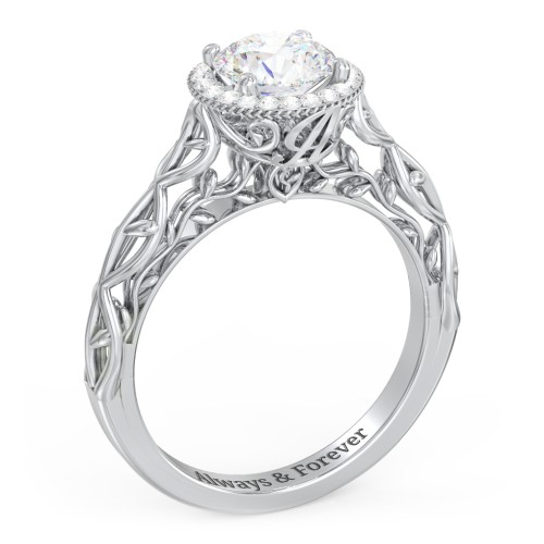 Diamond Halo Engagement Ring with Leaf and Vine Details - "The Ava"
