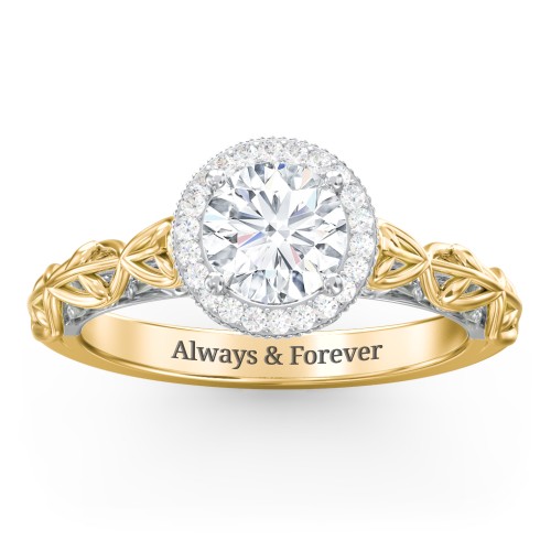 Diamond Halo Engagement Ring with Leaf and Vine Details - "The Ava" – 10K Yellow Gold with Lab Diamond