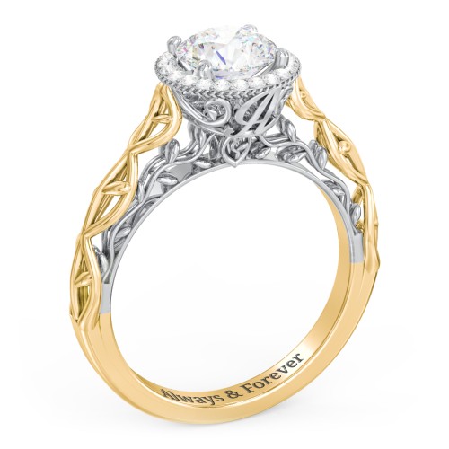Diamond Halo Engagement Ring with Leaf and Vine Details - "The Ava" – 10K Yellow Gold with Lab Diamond