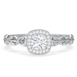 Diamond Halo Engagement Ring with Leaf and Vine Details - "The Ava"