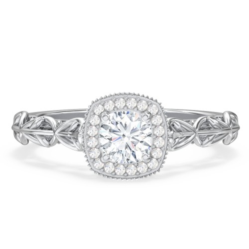 Diamond Halo Engagement Ring with Leaf and Vine Details - "The Ava" – 10K White Gold with Lab Diamond