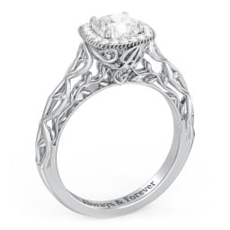 Diamond Halo Engagement Ring with Leaf and Vine Details - "The Ava"