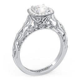 Diamond Halo Engagement Ring with Leaf and Vine Details - "The Ava"