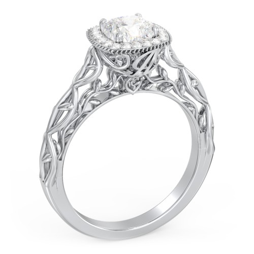 Diamond Halo Engagement Ring with Leaf and Vine Details - "The Ava" – 10K White Gold with Lab Diamond