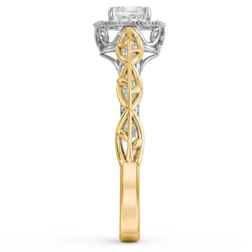 Diamond Halo Engagement Ring with Leaf and Vine Details - "The Ava" – 10K Yellow Gold with Lab Diamond