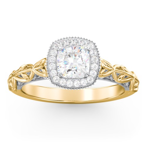 Diamond Halo Engagement Ring with Leaf and Vine Details - "The Ava" – 10K Yellow Gold with Lab Diamond