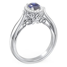 Classic Halo Diamond Engagement Ring and Butterfly and Scroll Details - "The Sophia"