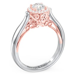 Classic Halo Diamond Engagement Ring and Butterfly and Scroll Details - "The Sophia"