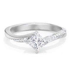 Solitaire Engagement Ring with Twisted Shoulder Accents – 14K White Gold with Lab Diamond