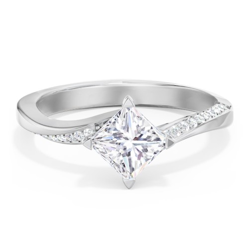 Solitaire Engagement Ring with Twisted Shoulder Accents – 14K White Gold with Lab Diamond