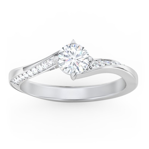 Solitaire Engagement Ring with Twisted Shoulder Accents – 14K White Gold with Lab Diamond