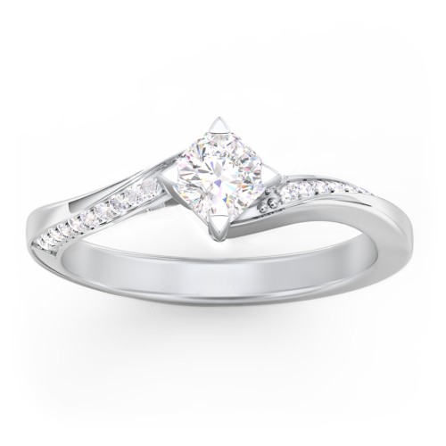 Solitaire Engagement Ring with Twisted Shoulder Accents – 14K White Gold with Lab Diamond