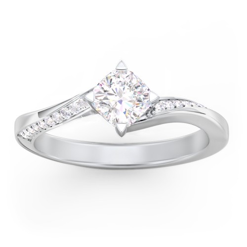 Solitaire Engagement Ring with Twisted Shoulder Accents – 14K White Gold with Lab Diamond