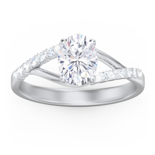 Solitaire Diamond Engagement Ring with Twisted Split Shank and Accents – 14K White Gold with Lab Diamond