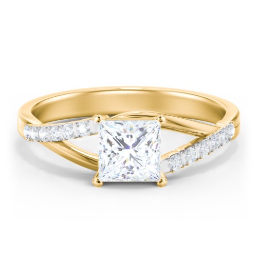 Solitaire Diamond Engagement Ring with Twisted Split Shank and Accents – 10K Yellow Gold with Lab Diamond
