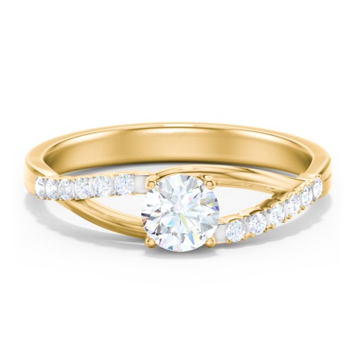 Solitaire Diamond Engagement Ring with Twisted Split Shank and Accents – 10K Yellow Gold with Lab Diamond