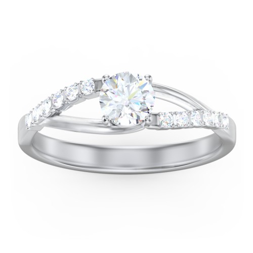 Solitaire Diamond Engagement Ring with Twisted Split Shank and Accents – 14K White Gold with Lab Diamond