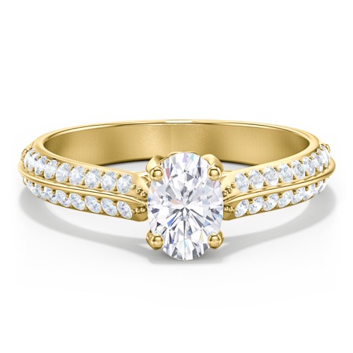 Diamond Solitaire Engagement Ring with Double Row Accents – 10K Yellow Gold with Diamond