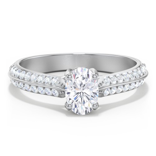 Diamond Solitaire Engagement Ring with Double Row Accents – 14K White Gold with Diamond