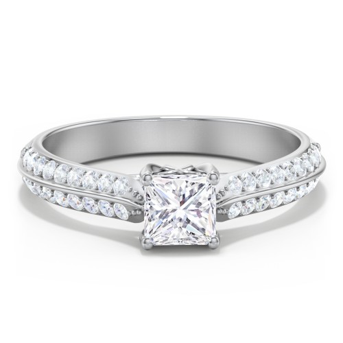 Diamond Solitaire Engagement Ring with Double Row Accents – 14K White Gold with Diamond