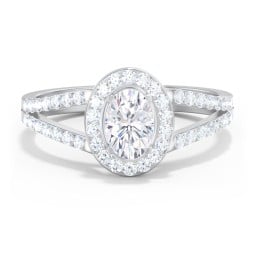 Diamond Halo Engagement Ring with Split Shank and Accents