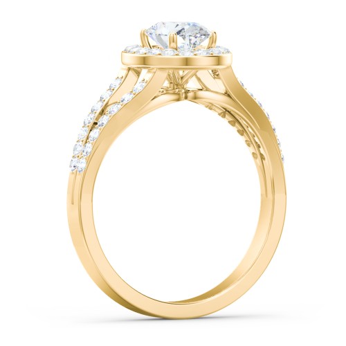 Diamond Halo Engagement Ring with Split Shank and Accents – 10K Yellow Gold with Lab Diamond