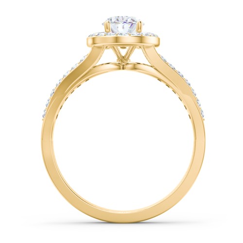 Diamond Halo Engagement Ring with Split Shank and Accents – 10K Yellow Gold with Lab Diamond