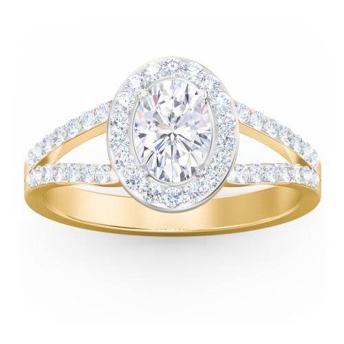 Diamond Halo Engagement Ring with Split Shank and Accents – 10K Yellow Gold with Lab Diamond