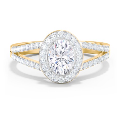 Diamond Halo Engagement Ring with Split Shank and Accents – 10K Yellow Gold with Lab Diamond