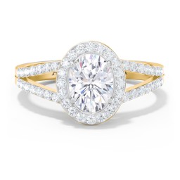 Diamond Halo Engagement Ring with Split Shank and Accents