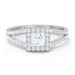 Diamond Halo Engagement Ring with Split Shank and Accents