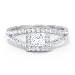 Diamond Halo Engagement Ring with Split Shank and Accents – 14K White Gold with Lab Diamond