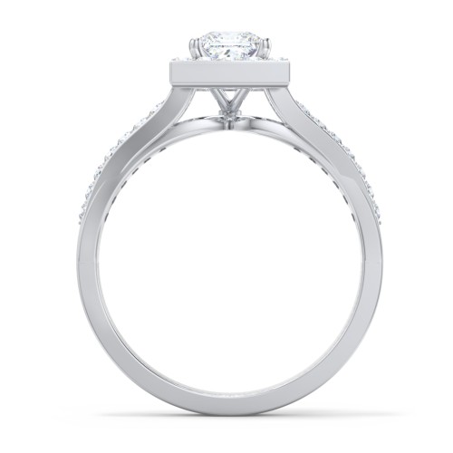 Diamond Halo Engagement Ring with Split Shank and Accents – 14K White Gold with Lab Diamond