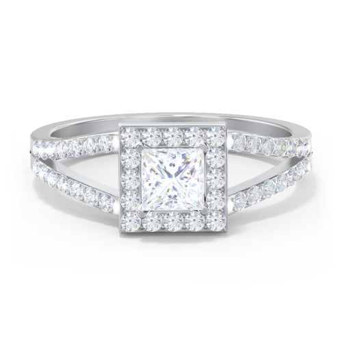 Diamond Halo Engagement Ring with Split Shank and Accents – 14K White Gold with Lab Diamond