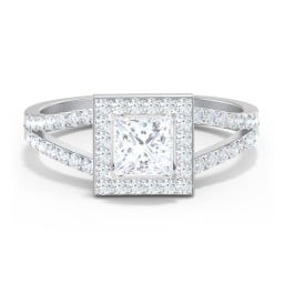 Diamond Halo Engagement Ring with Split Shank and Accents