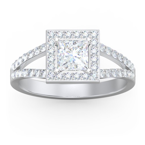 Diamond Halo Engagement Ring with Split Shank and Accents – 14K White Gold with Lab Diamond