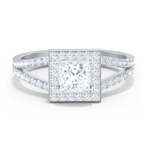 Diamond Halo Engagement Ring with Split Shank and Accents – 14K White Gold with Lab Diamond