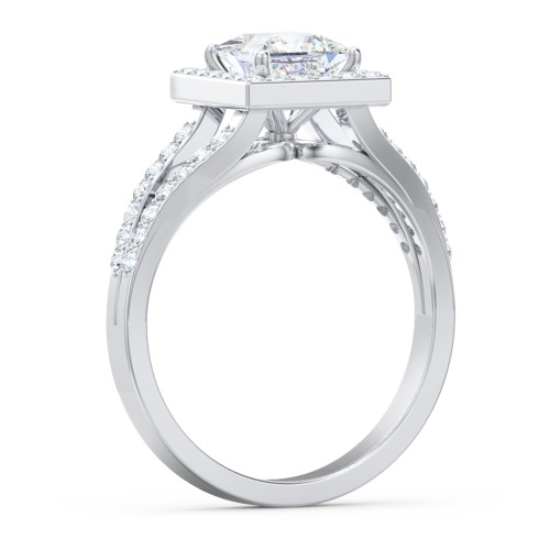 Diamond Halo Engagement Ring with Split Shank and Accents – 14K White Gold with Lab Diamond