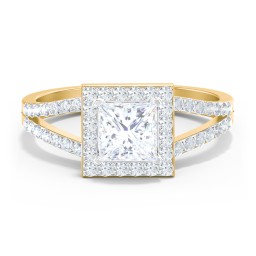Diamond Halo Engagement Ring with Split Shank and Accents in 10K Solid Yellow Gold with 04LABDIAM-PC-1.00-SI1-F-G and Lab Diamond