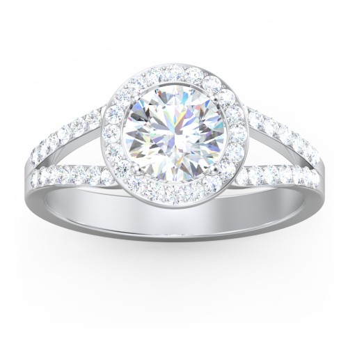 Diamond Halo Engagement Ring with Split Shank and Accents – 14K White Gold with Lab Diamond