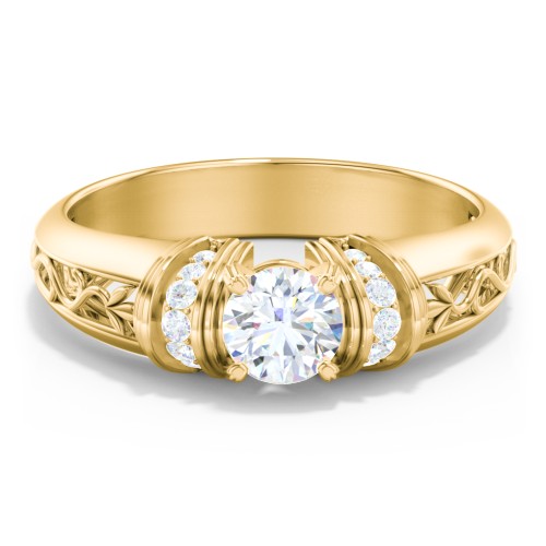 Vintage Solitaire Engagement Ring with Shoulder Accents and Sculptural Band – 10K Yellow Gold with Diamond