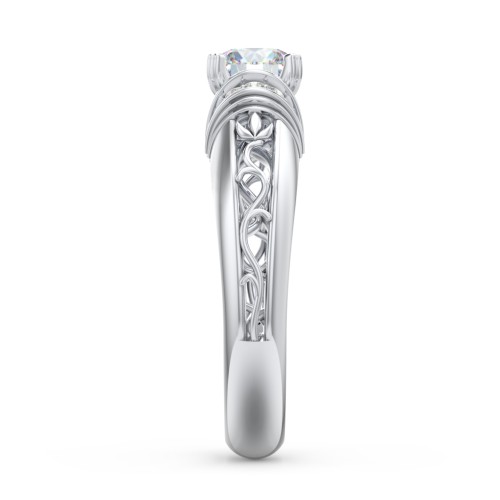 Vintage Solitaire Engagement Ring with Shoulder Accents and Sculptural Band – 14K White Gold with Diamond